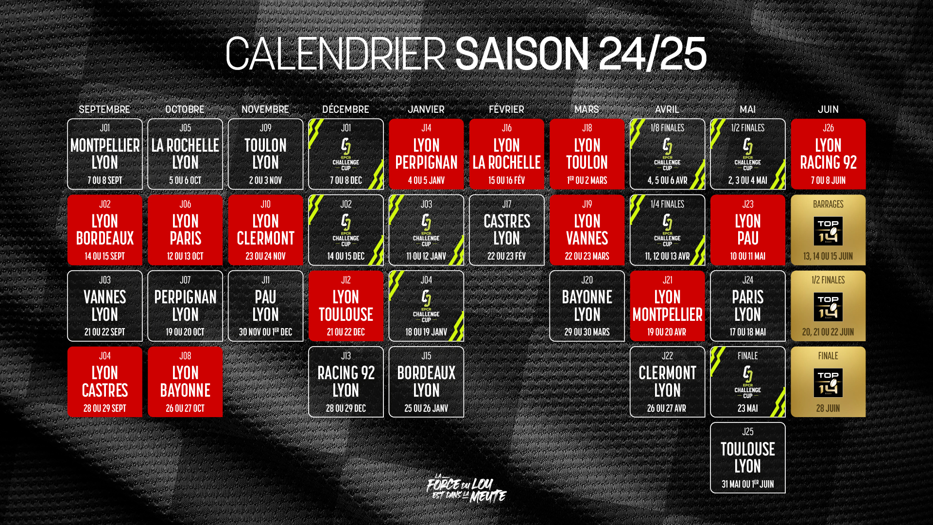 Le calendrier 2025/2025 LOU Rugby